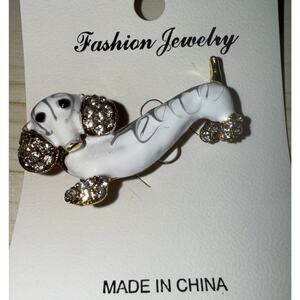 White And Gray Gold Tone Dachshund Dog Brooch Pin With Rhinestones